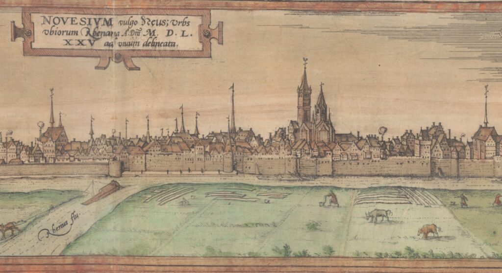 Ansicht der mittelalterlichen Stadt Neuss ca. 1590 vom Rhein aus gesehen.