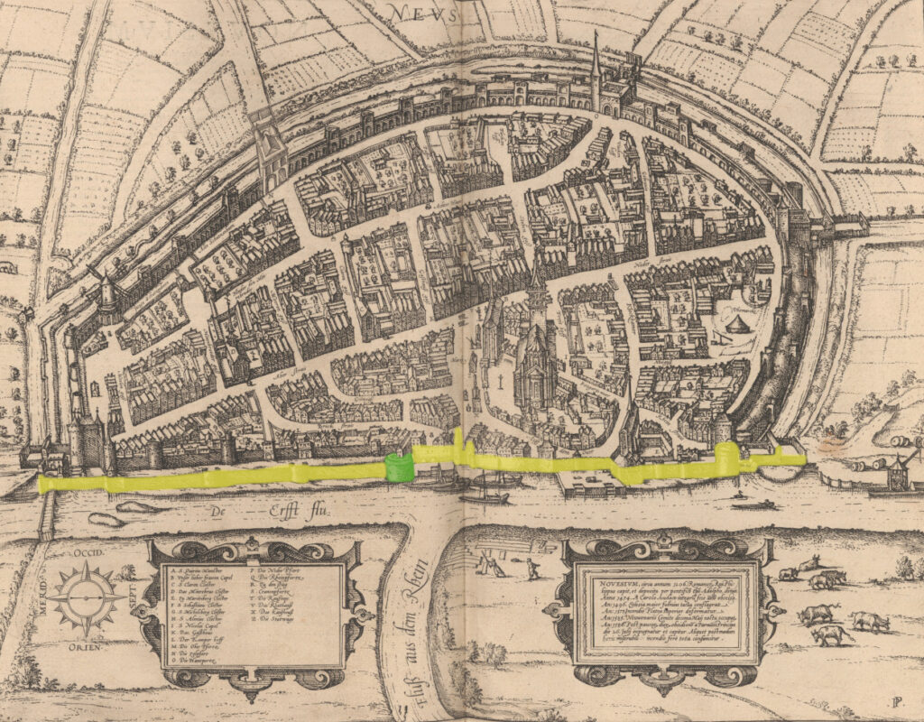 Stadtplan von Neuss nach Braun und Hogenberg von 1590 mit markiertem Verlauf der rheinseitigen Stadtmauer